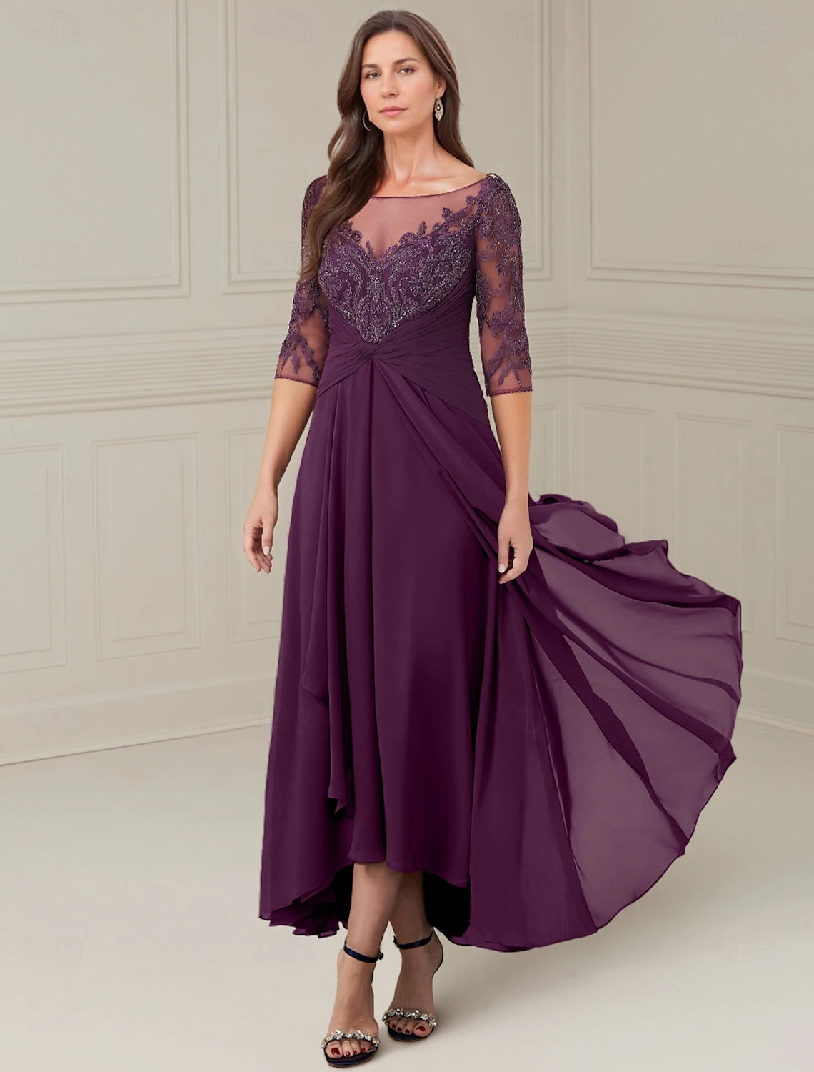 Buyishang Purple A-Line Formal Mother of the Bride Dress Wedding Guest Elegant Jewel Neck Floor Length Chiffon 3/4 Length Sleeve Wrap Included with Cascading Ruffles Solid Color